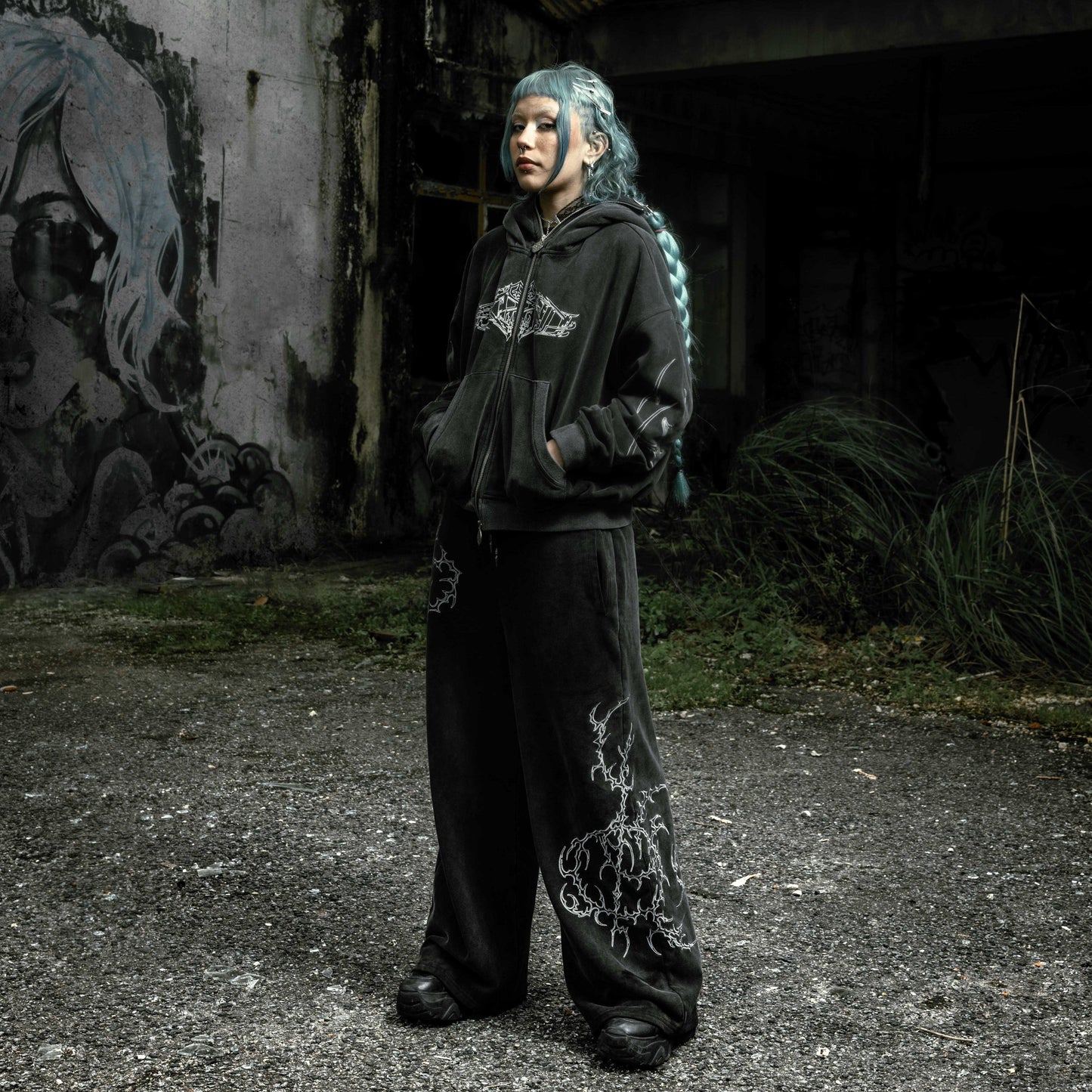 Oversized stonewashed black flared sweatpants and Shroud zip up hoodie oversized cropped embroidered tribal chest graphic embroidery tribal gothic graphic — EXPND
