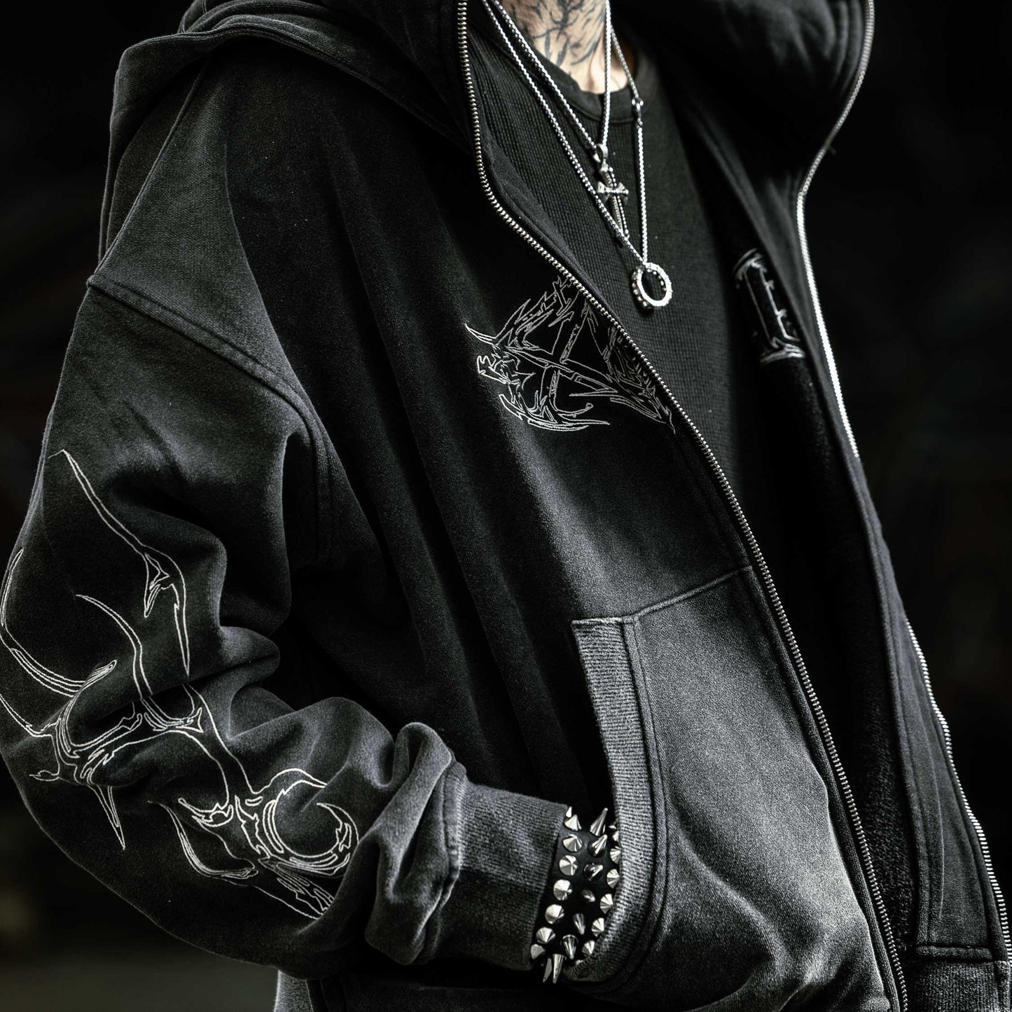 Shroud zip up hoodie oversized cropped boxy washed black embroidered — EXPND