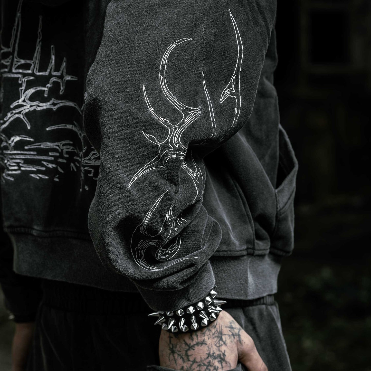 Shroud zip up hoodie oversized cropped boxy washed black embroidered — EXPND