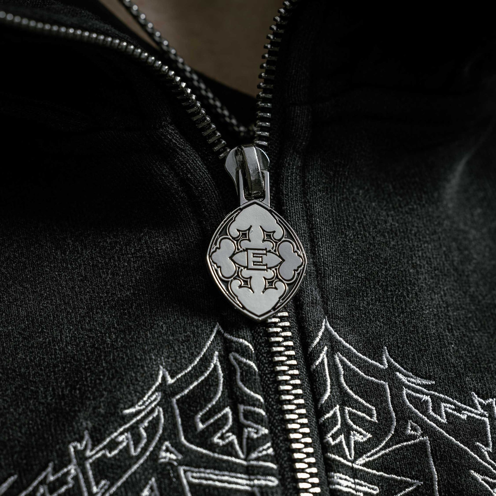 Shroud zip up hoodie oversized cropped boxy washed black embroidered — EXPND